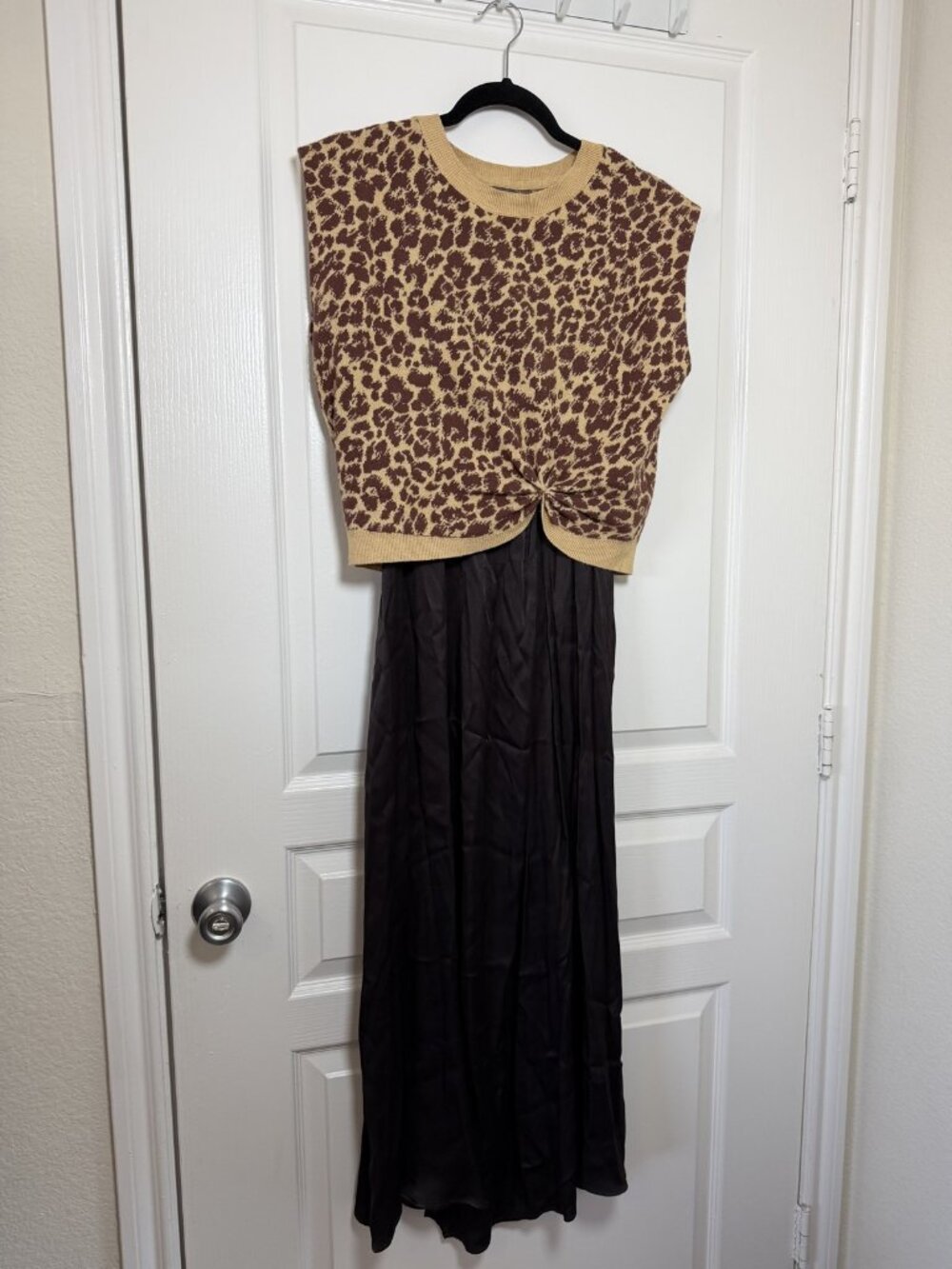 Anthropologie Leopard Sweater Vest Layered Satin Slip Midi Dress Brown XS